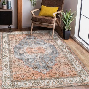 Area Rug-Washable Vintage Boho Rugs Non Slip-Distressed Printed Low Pile Indoor Carpet,Brown - 1 of 4