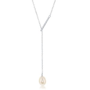 Bella Silver Sterling Silver CZ Bar with Hanging FWP Lariat 'Y' Necklace - White - 16+2 Inch - 1 of 2