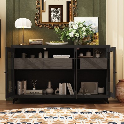 Famapy Black Accent Storage Cabinet with Glass Doors and Internal Drawers