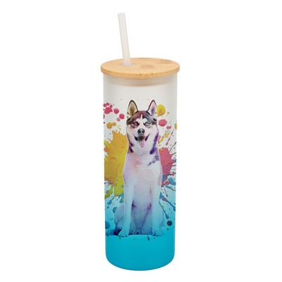 100 North 25 Ounce Frosted Glass Gradient Travel Tumbler With Straw & Wooden Lid, Siberian Husky Paint Splatter Sky Blue