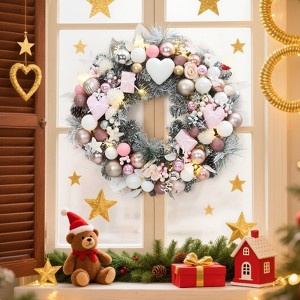 24" Christmas Wreath with 20 Lights and Pink Gift Box Ornament - Christmas Decoration with 8 Lighting Modes for Fireplace, Porch, Window - 1 of 4