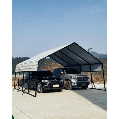 Metal Carport for 2 Cars, Heavy Duty Steel Frame for All Weather, Permanent Shelter for Boats, Full-Sized Pickup Trucks, and Tractors