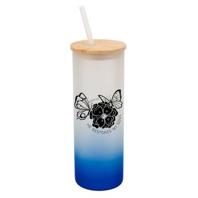 Elanze Designs He Restores My Soul Butterfly Wrap-Around Design 25 Ounce Frosted Gradient Glass On-The-Go Coffee Travel Skinny Tumbler Mug Cup, Bamboo