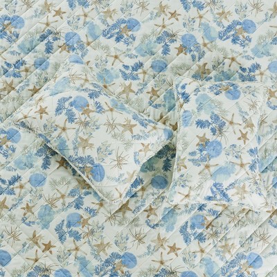 Full Blue Coral Microfiber Reversible Coastal Quilt Set