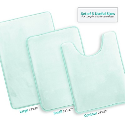 Light Blue Velvet Memory Foam 3-Piece Bath Rug Set