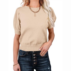 Women's Short Sleeve Sweater Tops 2025 Spring Summer Trendy Crew Neck Casual T Shirts Blouses,Light Apricot - S - 1 of 4