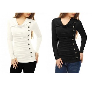 Allegra K Women's Cowl Neck Long Sleeves Buttons Decor Ruched Top 2 Pcs - 1 of 4