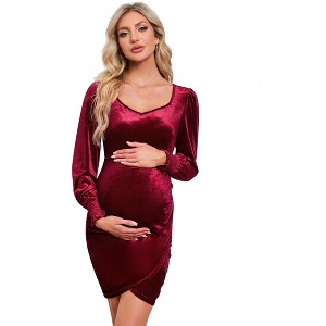 Coolmee Women's Maternity Midi Dress Sexy Sweetheart Long Sleeve Velvet Ruched Elegant Cocktail Wedding Guest Bodycon Dress - 1 of 4