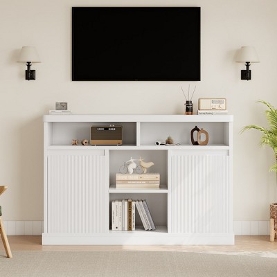 Modern Buffet Cabinet with Storage, Fluted Sideboard Cabinet with 2 Doors, White Accent Coffee Bar Cabinet with Adjustable Shelves for Kitchen Room