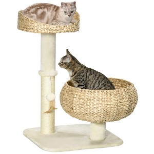 PawHut 28" Elevated Cat Bed with Sisal Scratching Post for Indoor Kitties, Modern Cat Tree with Cute Basket Design, Small Cat Tree with Fun Ball Toy - 1 of 4