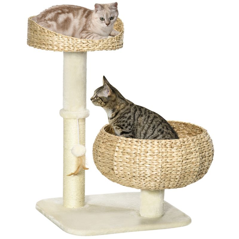PawHut 28" Elevated Cat Bed with Sisal Scratching Post for Indoor Kitties, Modern Cat Tree with Cute Basket Design, Small Cat Tree with Fun Ball Toy, 1 of 8