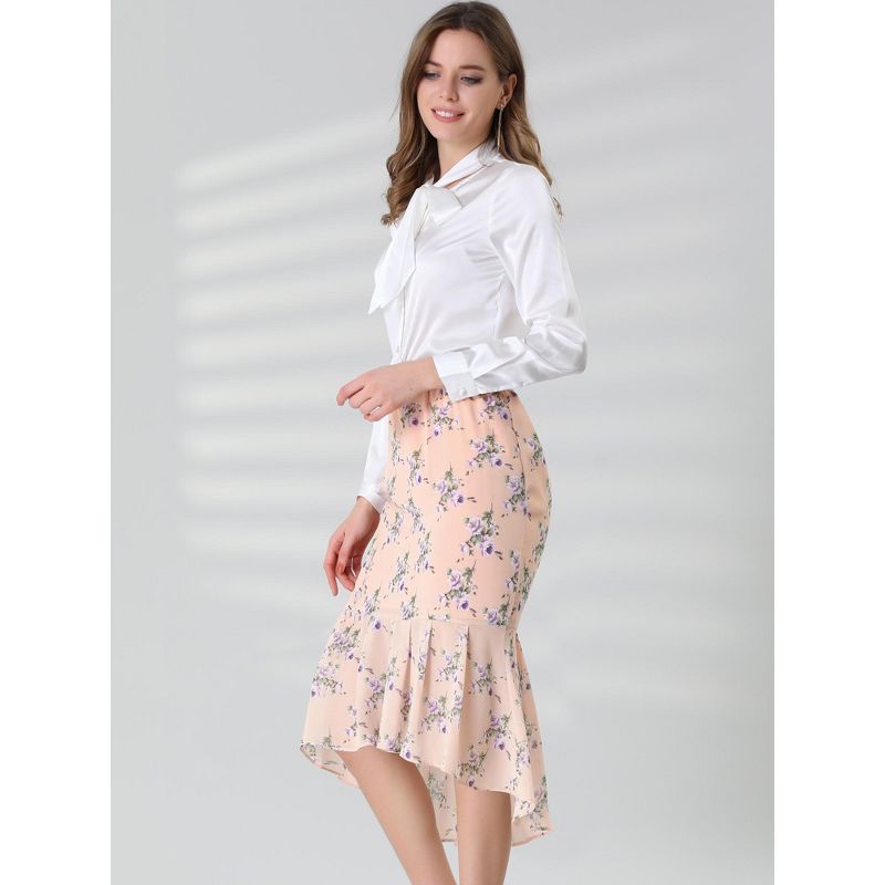 Allegra K Women's Floral High-Low Elastic Waist Ruffle Hem Flowy Midi Chiffon Skirt, 4 of 7