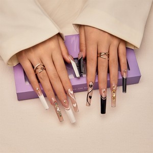 YEVYO Press on Nails Extra Long Coffin - French Rhinestone Bling Glossy for Women and Girls On Fake Nails - White - 10 Pcs - 1 of 4