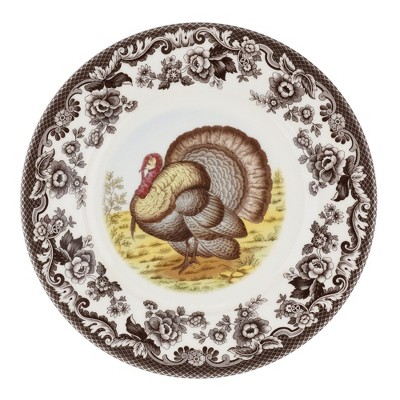 Spode Woodland Turkey Luncheon Plate - 9" Fine Earthenware Dish with British Flowers Border - Dishwasher, Microwave, Oven & Freezer Safe