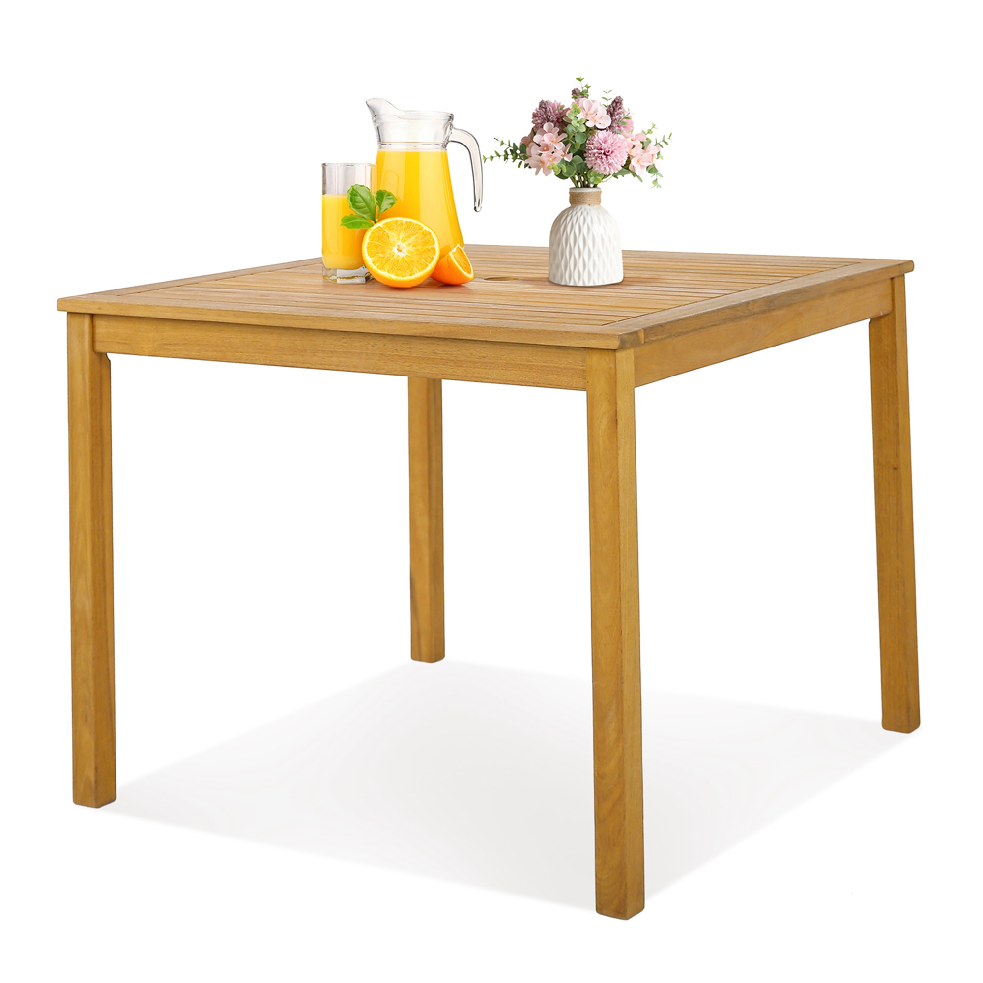 Costway Patio Dining Table Acacia Wood Square Outdoor Bistro with 1.9'' Umbrella Hole Yard
