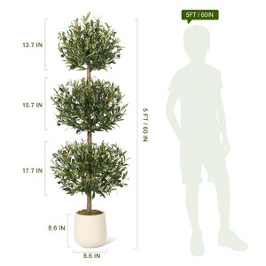 5FT Tall Artificial Olive Tree, Realistic 3-Tier Spherical Design Faux Olive Tree with Moss & Inner Pot - 1 of 4