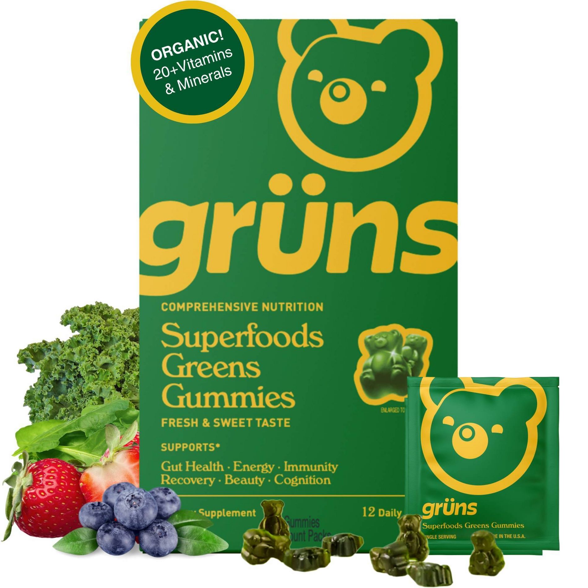 Grüns Adult Low Sugar Superfoods Greens Gummies - 96ct/12 Servings