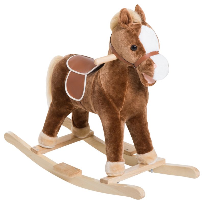 Qaba Kids Ride on Rocking Horse Toddler Plush Toy with Realistic Sounds for 3 Years Old Children - Brown, 1 of 9