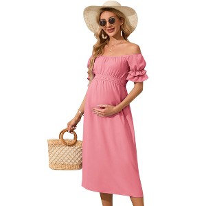 Women's Maternity Off Shoulder Dress Ruffle Short Sleeve Summer Casual Flowy Midi Dress Baby Shower Photoshoot - 1 of 4