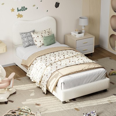Homhougo Bed Frame for Kids with Velvet Upholstered Headboard, Cute Low Profile Platform Bed for Girls and Boys, No Box Spring Needed