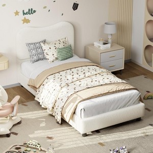Homhougo Bed Frame for Kids with Velvet Upholstered Headboard, Cute Low Profile Platform Bed for Girls and Boys, No Box Spring Needed - 1 of 4