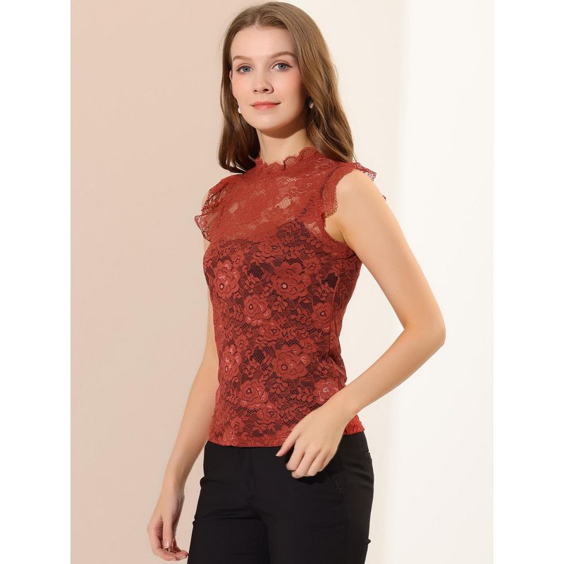 Allegra K Women's Sleeveless See-Through Ruffle Scalloped Trim Semi-Sheer Floral Lace Top, 4 of 7