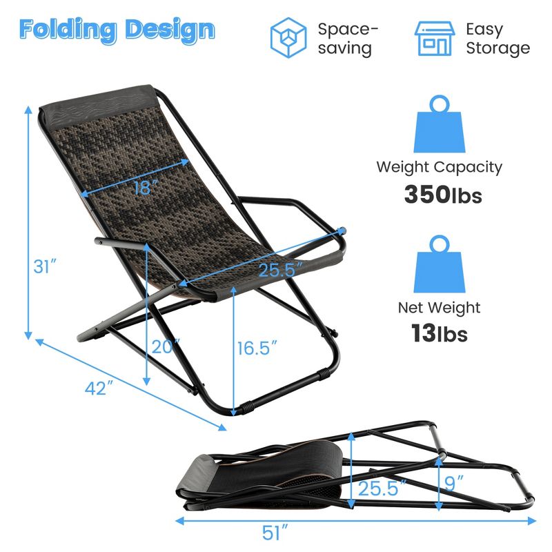 Costway Patio Folding Rattan Sling Chair Rocking Lounge Chaise Armrest Garden Portable, 3 of 9