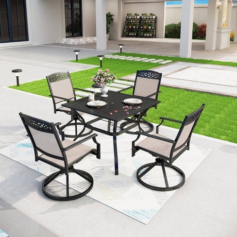 5pc Outdoor Dining Set With Swivel Sling Chairs Metal Slat