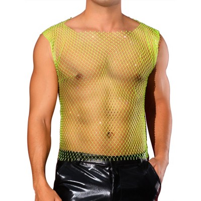 INSPIRE CHIC Men's Festival Fishnet Sheer Sparkly Rhinestone Tank Tops