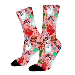 Christmas Snowmen Presents On Pink Women Printed Crew Socks Funny Funky Socks Soft Polyester Novelty Gifts for Artists Men - 1 of 1