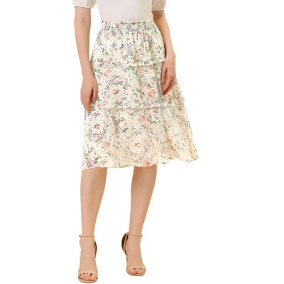 Allegra K Women's Floral Print Smocked Elastic Waist Midi Flowy Tiered Ruffle Skirt