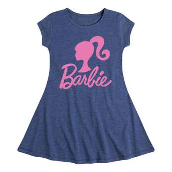 Girls' Barbie Logo Glitter Cap Sleeve Fit & Flare Dress - Heather Pink/Navy Blue