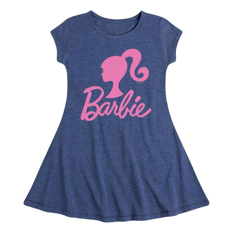 Girls' Barbie Logo Glitter Cap Sleeve Fit & Flare Dress - Heather Pink/Navy Blue, 1 of 2