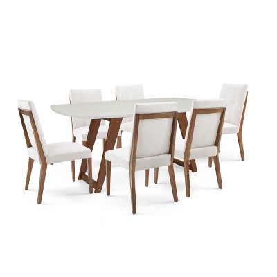 7pc Dining Set with Upholstered Dining Chairs Off White/Almond Oak - Herval