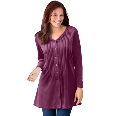 Woman Within Women's Plus Size Knit Velour Tunic Shirt In A Comfortable A-Line With Pintucks