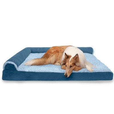 FurHaven Two-Tone Faux Fur & Suede Deluxe Chaise Lounge Cooling Gel Top Foam Sofa Dog Bed