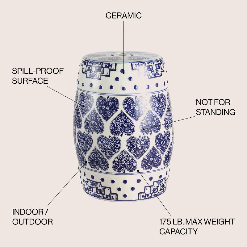 JONATHAN Y Happy Hearts 17.8" Chinoiserie Ceramic Drum Garden Stool, Blue/White, 4 of 7