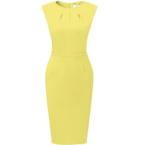 Женские платья INSPIRE CHIC Women's Office Pleated Round Neck Work Sleeveless Sheath Pencil Dresses Small Yellow