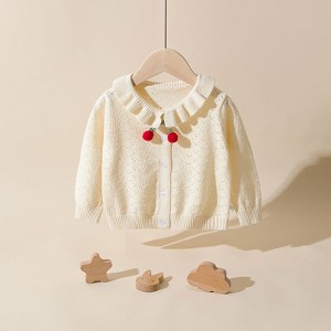 MyKids-Usa Baby Girl Solid Color Hollow Carved Design Cherry Patched Cardigan - 1 of 4
