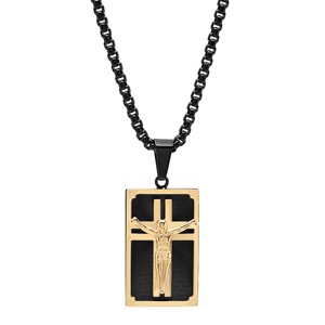 Steeltime 24" Men's two tone black ip and 18k gold plated stainless steel Our Father prayer crucifix pendant on black ip chain - 1 of 4