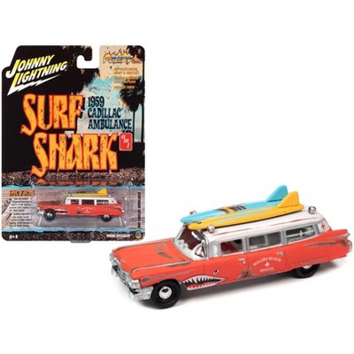 1959 Cadillac Ambulance Red w/White Top (Weathered) w/Surfboards on Roof "Surf Shark" 1/64 Diecast Model Car by Johnny Lightning