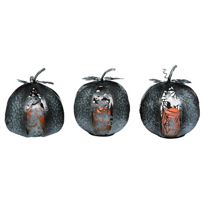 Transpac Metal 11 in. Silver Halloween Light Up Spooky Pumpkin Set of 3