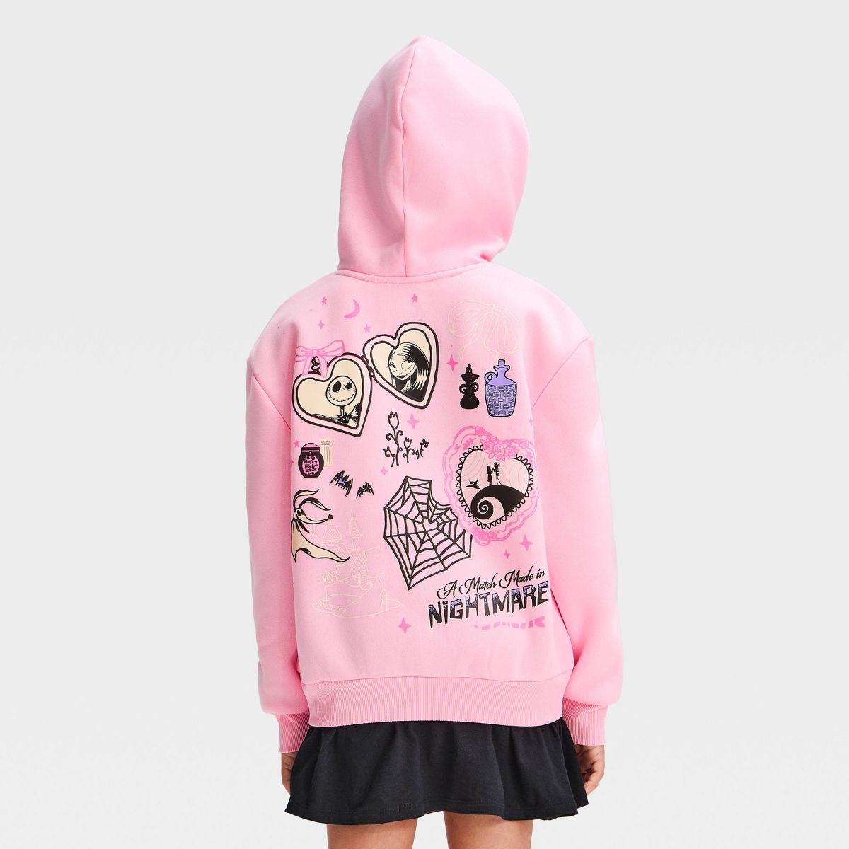 Girls' Disney The Nightmare Before Christmas Hooded Halloween Front & Back Graphic Sweatshirt - Pink