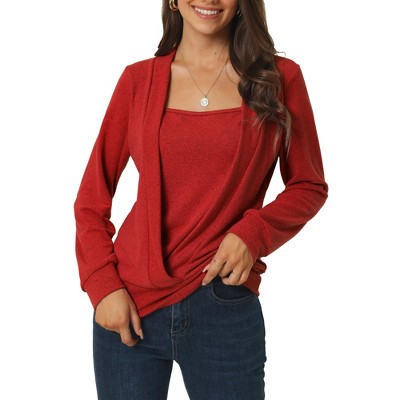 Seta T Women's Casual Fake Two-Piece Square Neck Long Sleeve Knit Blouse