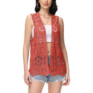 Anna-Kaci Women's Floral Crochet Cardigan Lace Trim Sleeveless Open Front Vest - 1 of 4