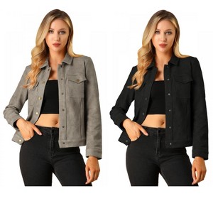 INSPIRE CHIC Women's Turn-Down Collar Flap Pockets Snap Button Faux Suede Jacket 2 Packs - 1 of 4