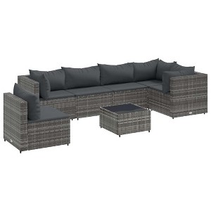 vidaXL 7 Piece Patio Lounge Set – Modular PE Rattan Sofa/Chair/Coffee Table with Cushions – Gray - 1 of 4