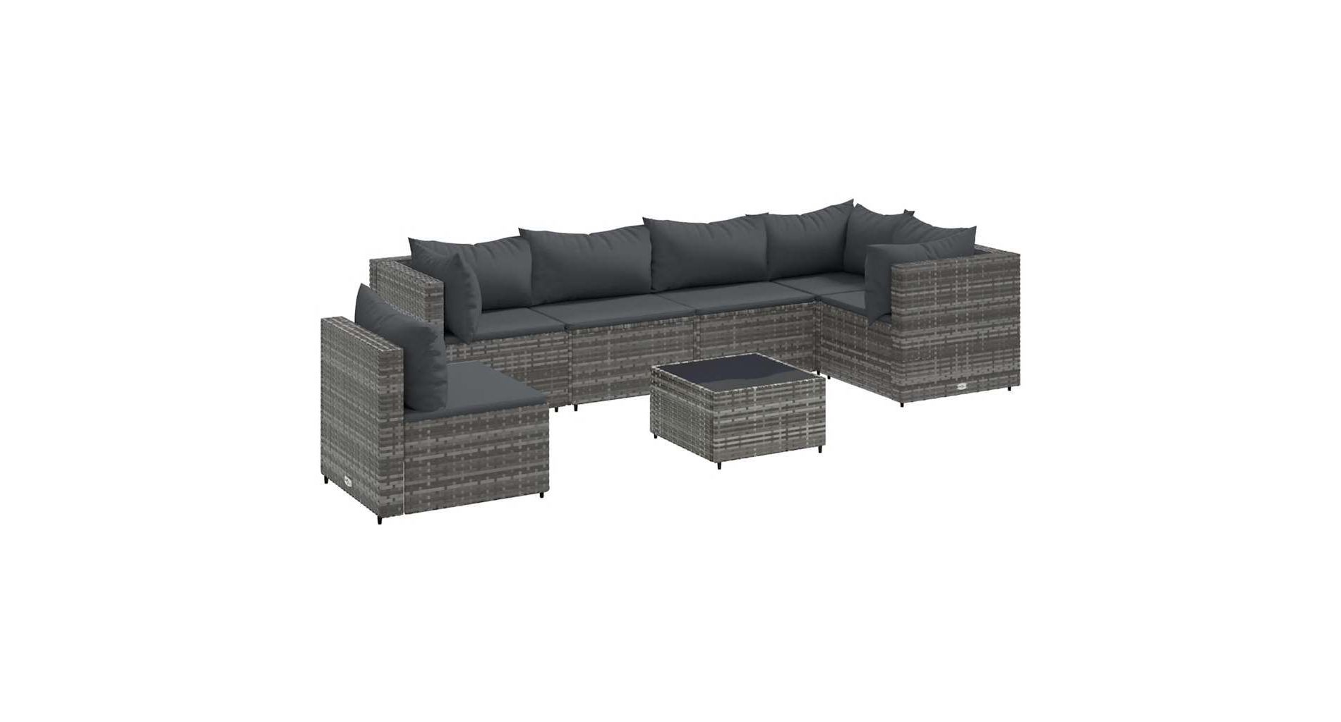 vidaXL 7 Piece Patio Lounge Set – Modular PE Rattan Sofa/Chair/Coffee Table with Cushions – Gray