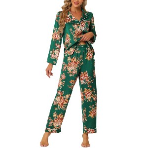 cheibear Women's Satin Floral Button Down Long Sleeve 2-Piece Lounge Set - 1 of 4