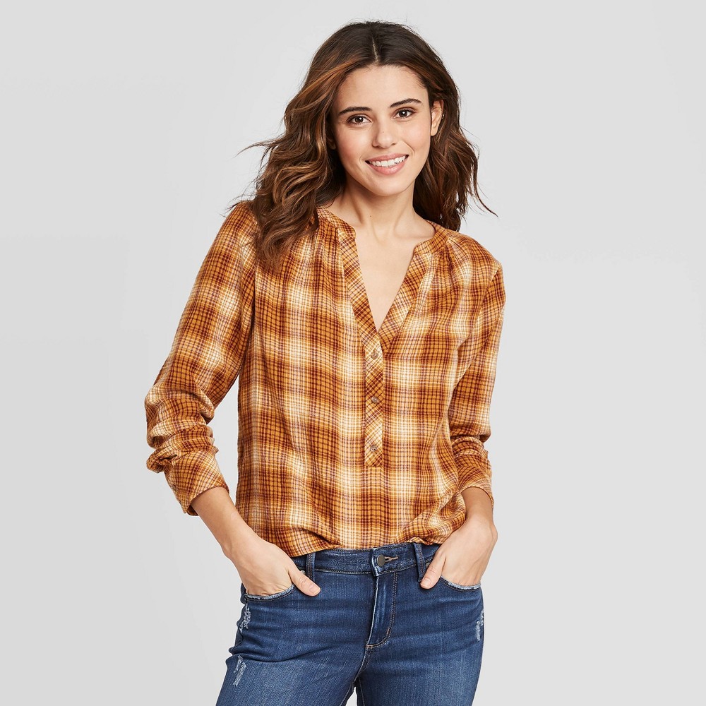 Women's Plaid Flutter Long Sleeve Round Neck Button-Front Tunic Blouse - Universal Thread Yellow XS, Women's was $22.99 now $16.09 (30.0% off)